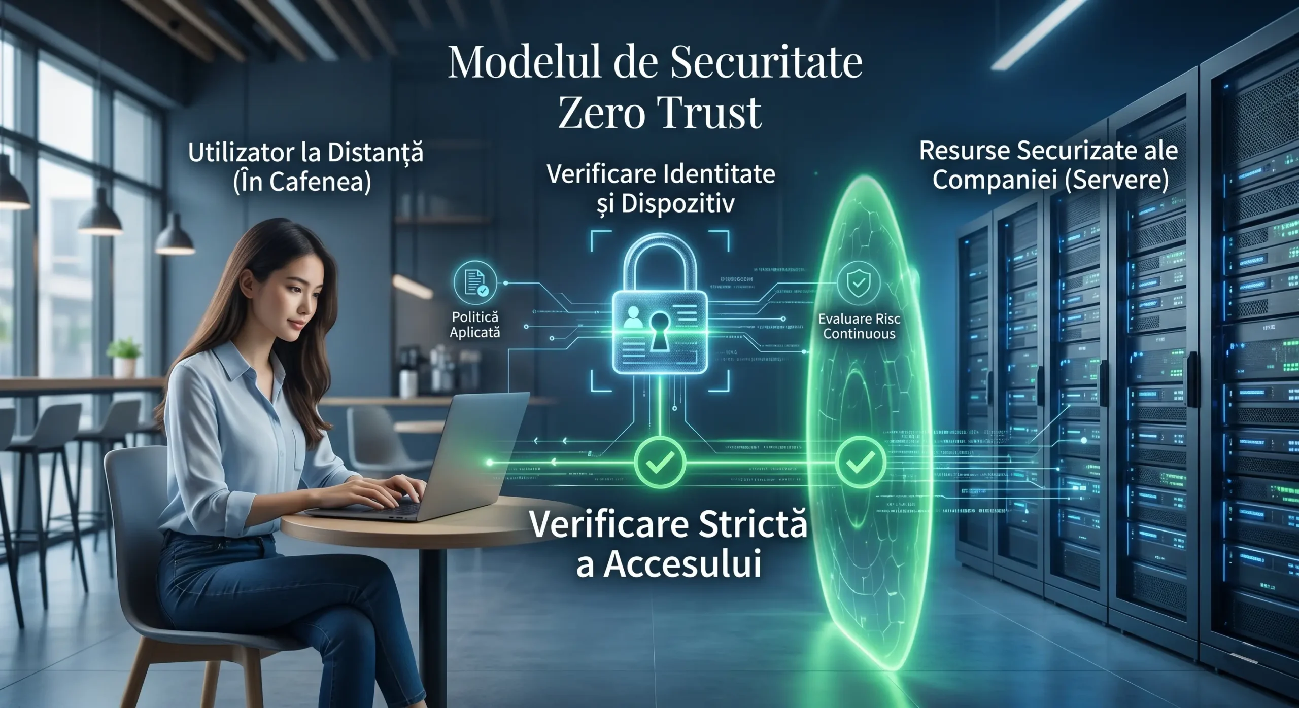 Vizualizare concept pentru arhitectura Zero Trust care asigura securizarea angajatilor ce lucreaza in sistem hibrid in 2026
