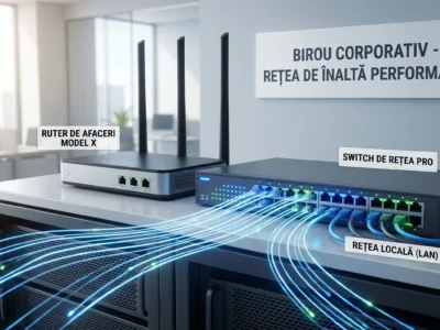 Vizualizare concept pentru echipamente de retea profesionale prezentand un router si un switch cu management in 2026