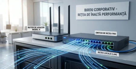 Vizualizare concept pentru echipamente de retea profesionale prezentand un router si un switch cu management in 2026