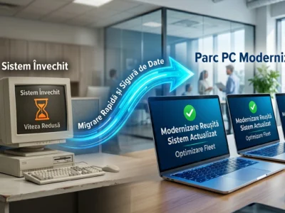 Vizualizare a procesului de migrare si standardizare a flotelor PC pentru modernizarea calculatoarelor din firme in 2026