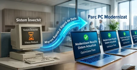 Vizualizare a procesului de migrare si standardizare a flotelor PC pentru modernizarea calculatoarelor din firme in 2026