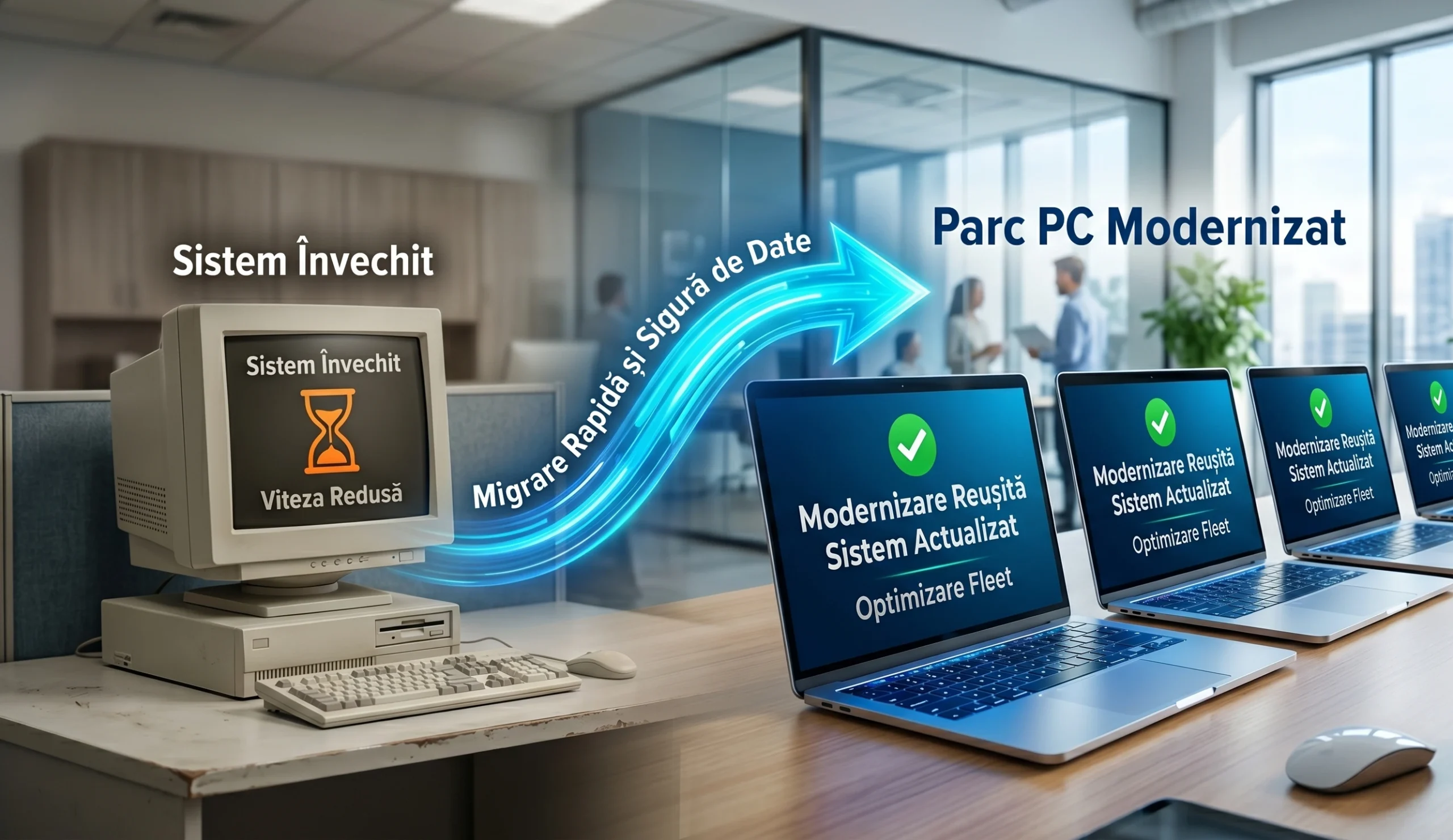 Vizualizare a procesului de migrare si standardizare a flotelor PC pentru modernizarea calculatoarelor din firme in 2026