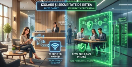 Vizualizare a procesului de securizare retele Wi-Fi pentru oaspeti menit sa asigure protejarea datelor companiei in 2026