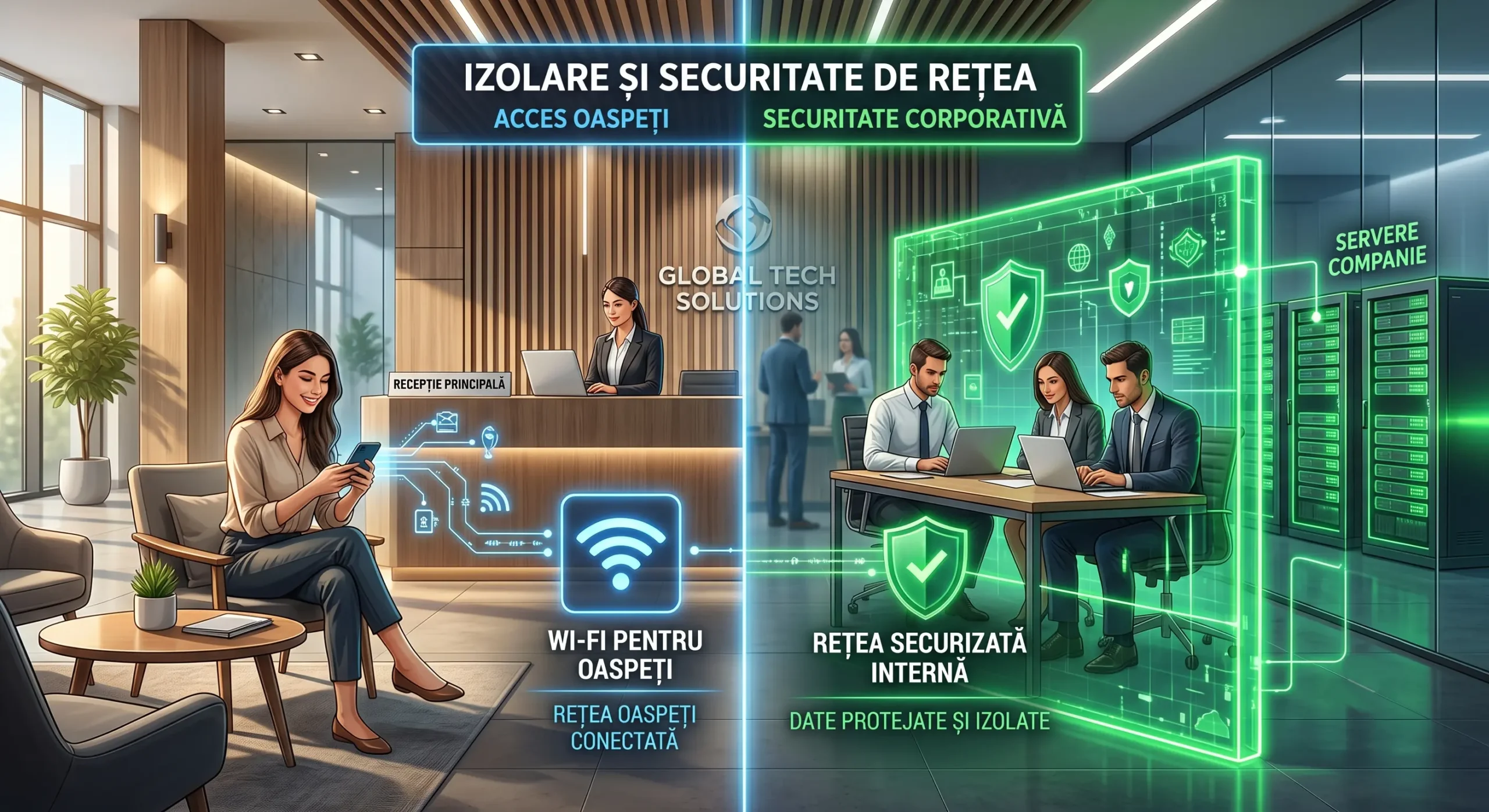 Vizualizare a procesului de securizare retele Wi-Fi pentru oaspeti menit sa asigure protejarea datelor companiei in 2026