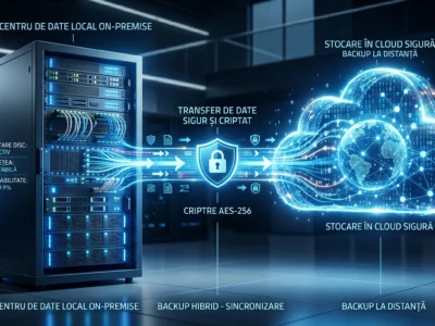 Vizualizare a tehnologiei pentru solutii de backup hibrid care asigura protectia datelor corporative intre servere si cloud