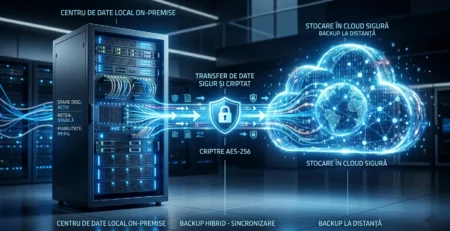 Vizualizare a tehnologiei pentru solutii de backup hibrid care asigura protectia datelor corporative intre servere si cloud