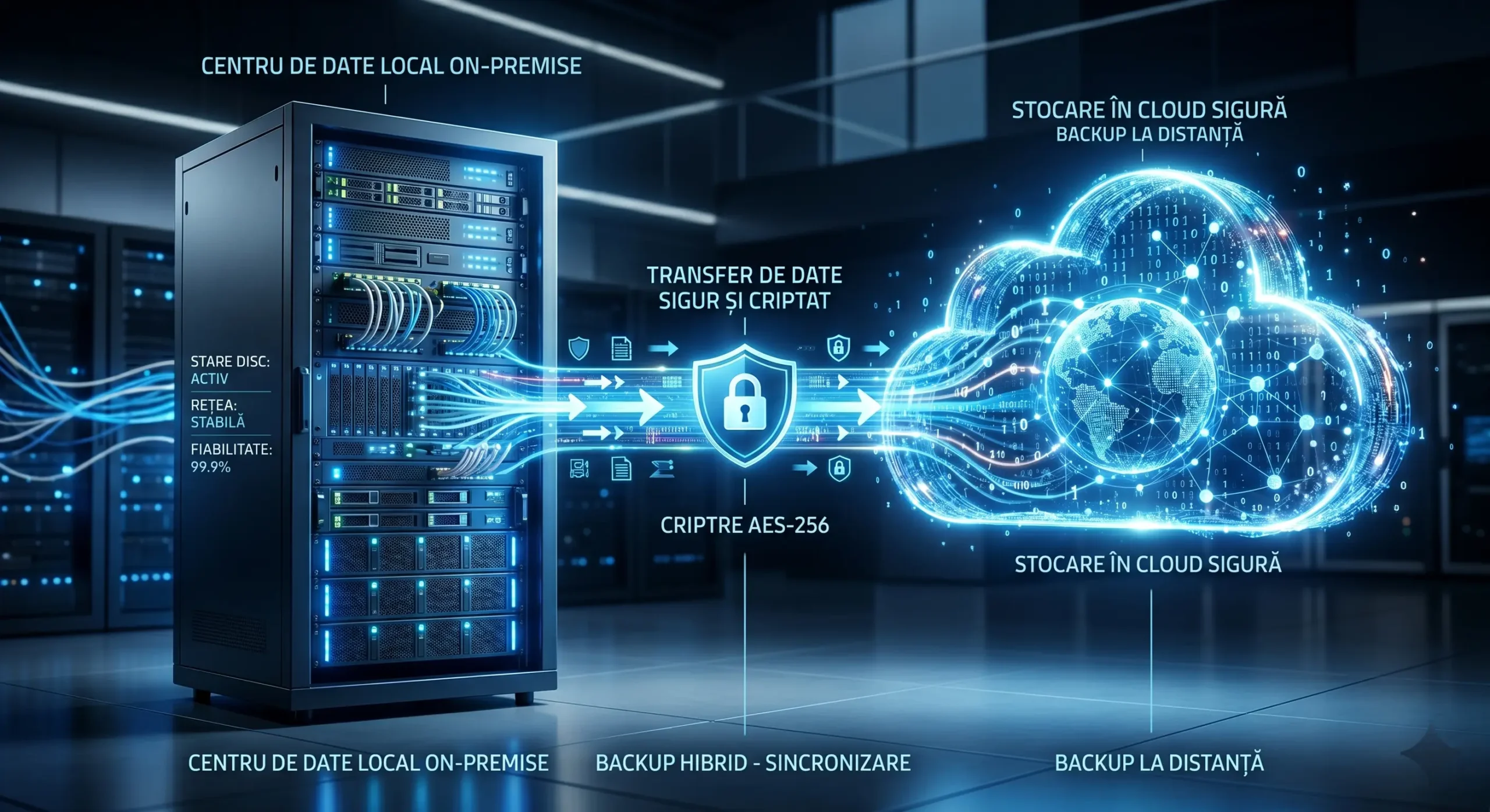 Vizualizare a tehnologiei pentru solutii de backup hibrid care asigura protectia datelor corporative intre servere si cloud