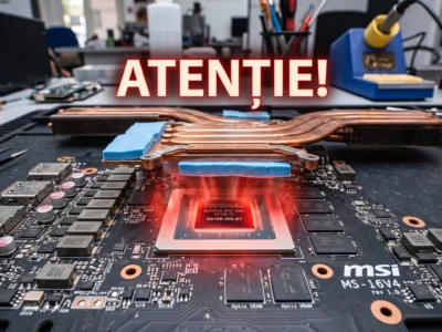 Placa de baza laptop cu sistem de racire montat gresit din cauza unor paduri termice prea groase care provoaca arderea placii video.