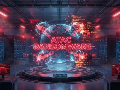 Reprezentare 3D a unui atac ransomware asupra unui hypervisor si a serverelor virtuale ilustrand importanta securitatii cibernetice in infrastructura IT.