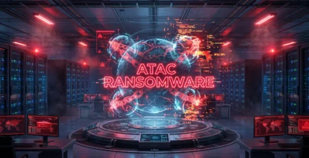 Reprezentare 3D a unui atac ransomware asupra unui hypervisor si a serverelor virtuale ilustrand importanta securitatii cibernetice in infrastructura IT.