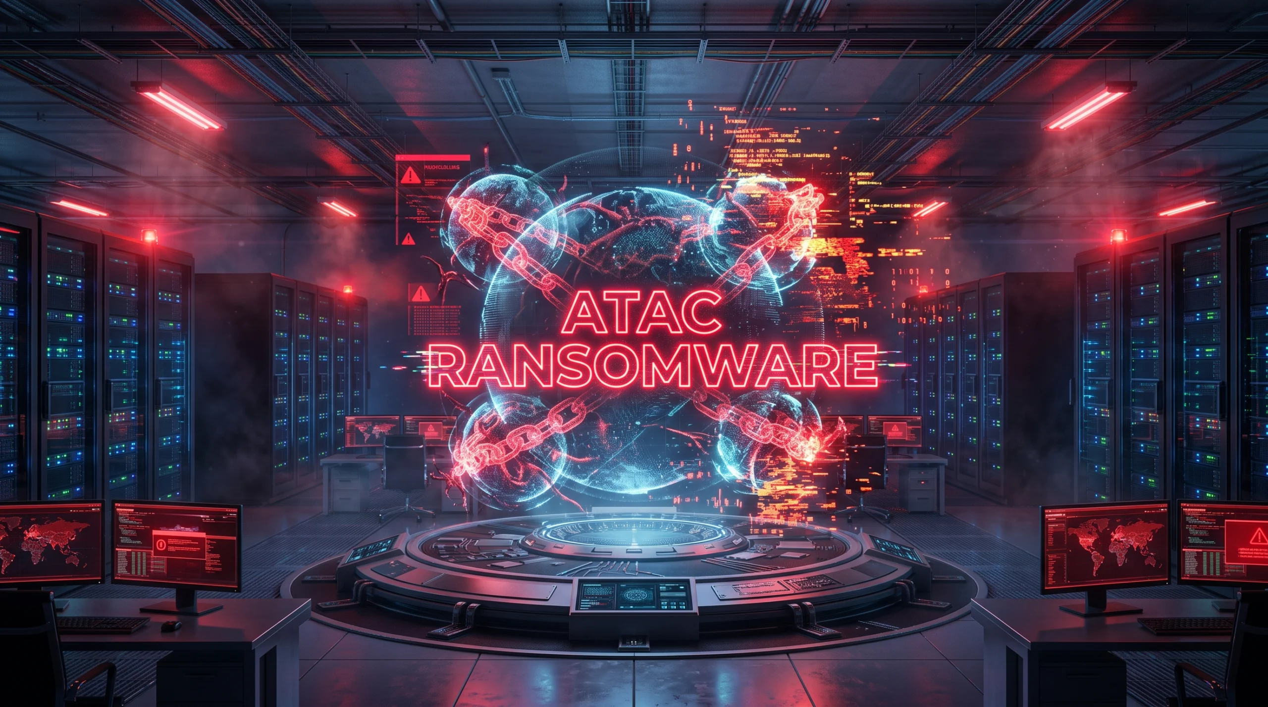 Reprezentare 3D a unui atac ransomware asupra unui hypervisor si a serverelor virtuale ilustrand importanta securitatii cibernetice in infrastructura IT.