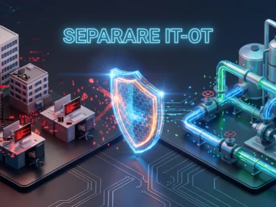 Ilustratie reprezentand un scut digital care protejeaza echipamentele industriale de un atac cibernetic venit din reteaua birourilor.