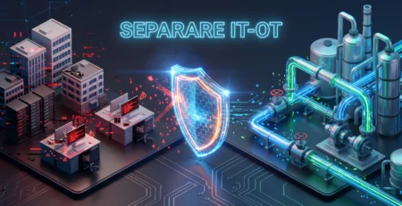 Ilustratie reprezentand un scut digital care protejeaza echipamentele industriale de un atac cibernetic venit din reteaua birourilor.