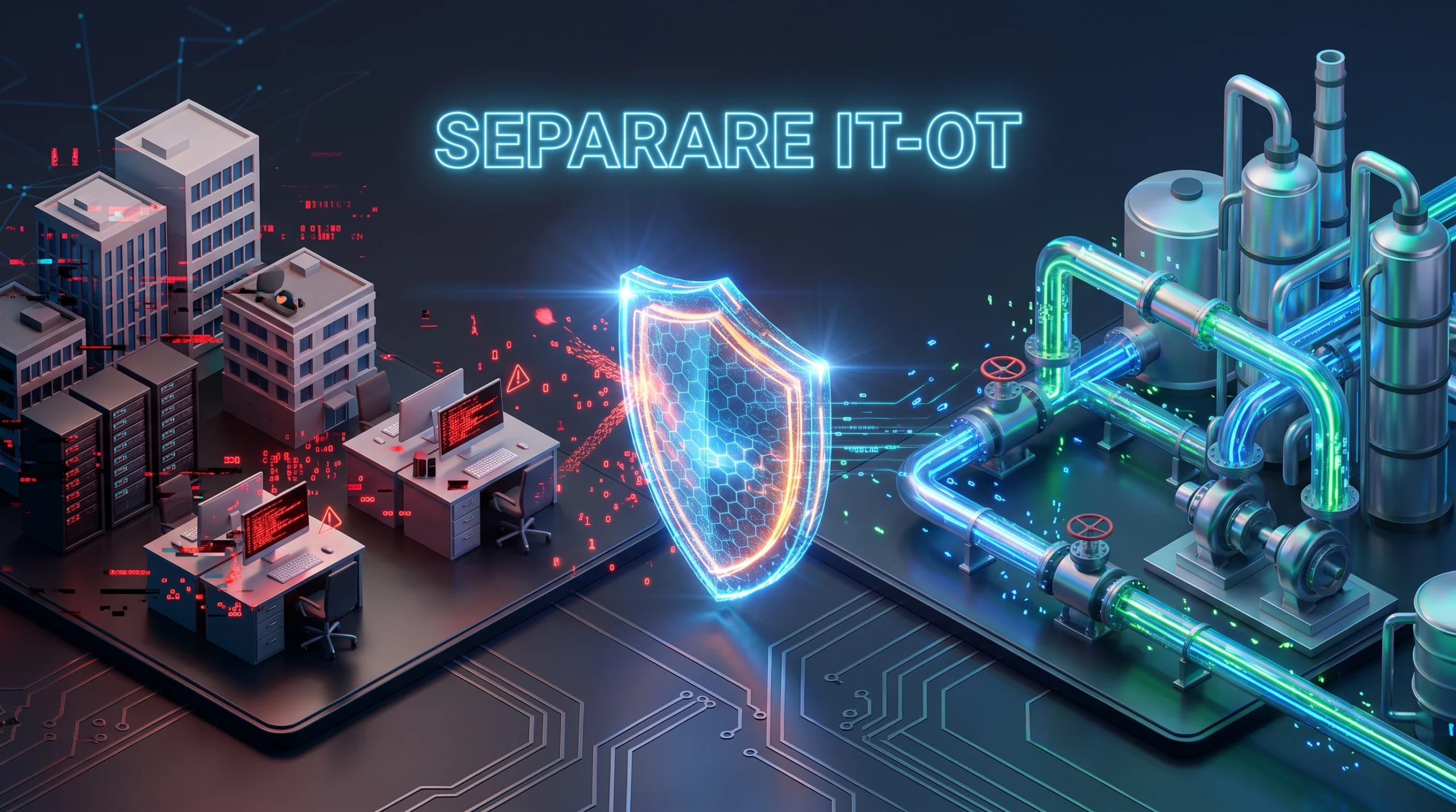 Ilustratie reprezentand un scut digital care protejeaza echipamentele industriale de un atac cibernetic venit din reteaua birourilor.