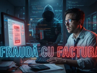 Ilustratie digitala a unui contabil ingrijorat vizualizand un email interceptat, evidentiind pericolul nevazut in frauda cu factura.