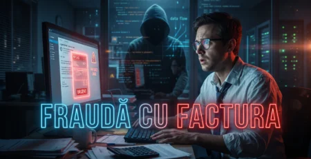Ilustratie digitala a unui contabil ingrijorat vizualizand un email interceptat, evidentiind pericolul nevazut in frauda cu factura.
