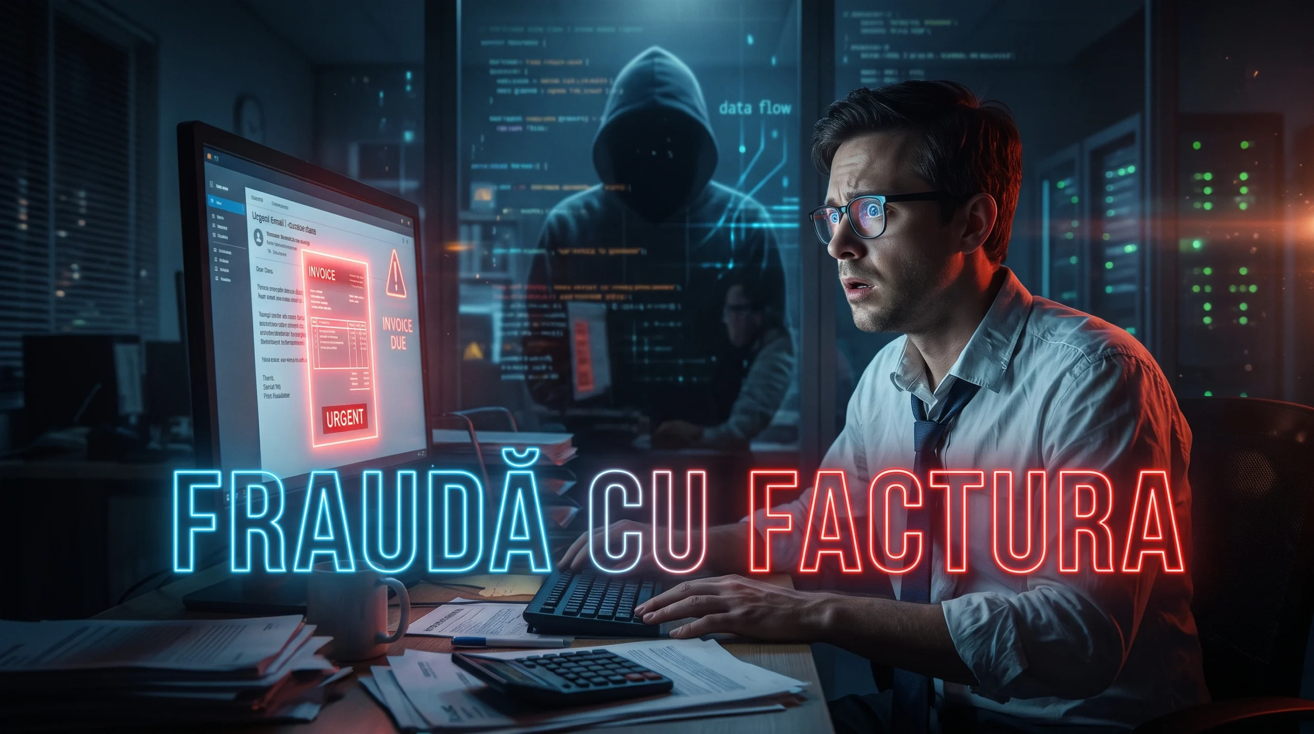 Ilustratie digitala a unui contabil ingrijorat vizualizand un email interceptat, evidentiind pericolul nevazut in frauda cu factura.