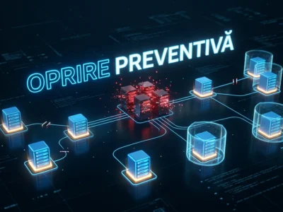 Ilustratie digitala cu o retea de servere securizata preventiv in timpul unui atac cibernetic pentru a proteja sistemele necompromise.