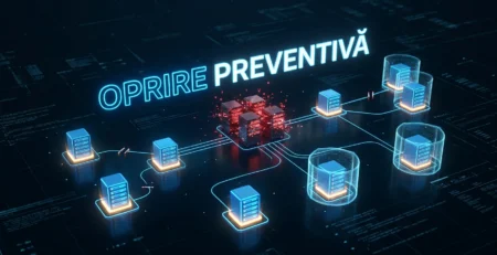Ilustratie digitala cu o retea de servere securizata preventiv in timpul unui atac cibernetic pentru a proteja sistemele necompromise.