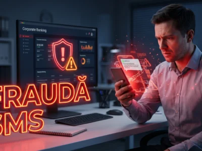 Ilustratie digitala a unui angajat ingrijorat analizand o alerta de frauda pe ecranul telefonului personal.