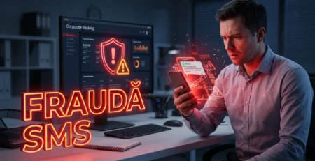 Ilustratie digitala a unui angajat ingrijorat analizand o alerta de frauda pe ecranul telefonului personal.