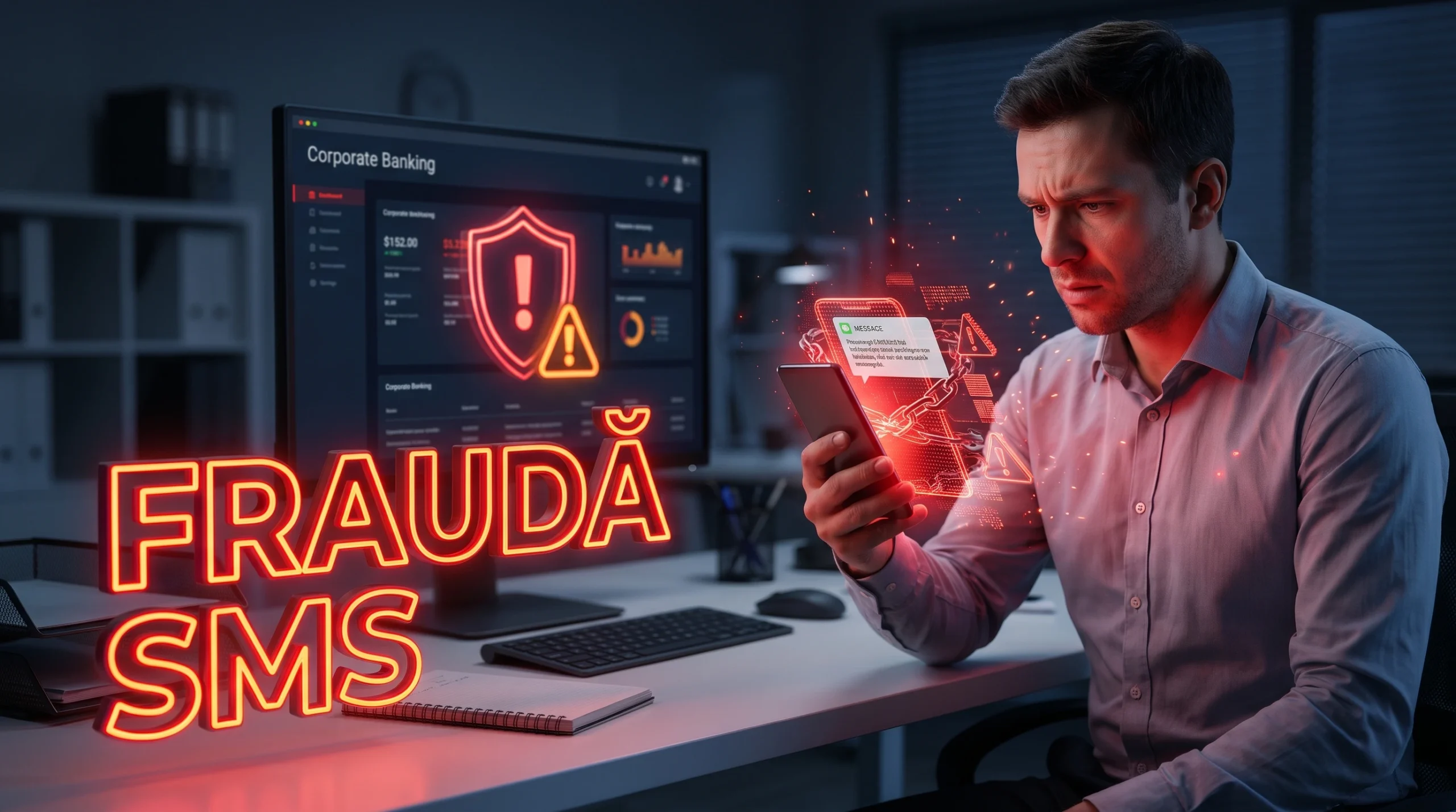 Ilustratie digitala a unui angajat ingrijorat analizand o alerta de frauda pe ecranul telefonului personal.