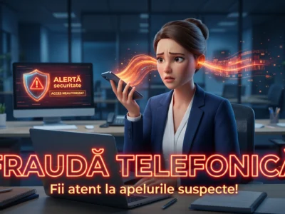 Ilustratie digitala a unei angajate intr-un birou modern, vizata de o frauda telefonica, pe fundalul unui monitor cu scut de securitate.