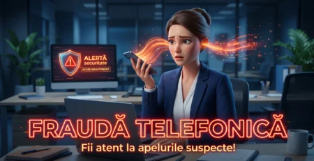 Ilustratie digitala a unei angajate intr-un birou modern, vizata de o frauda telefonica, pe fundalul unui monitor cu scut de securitate.