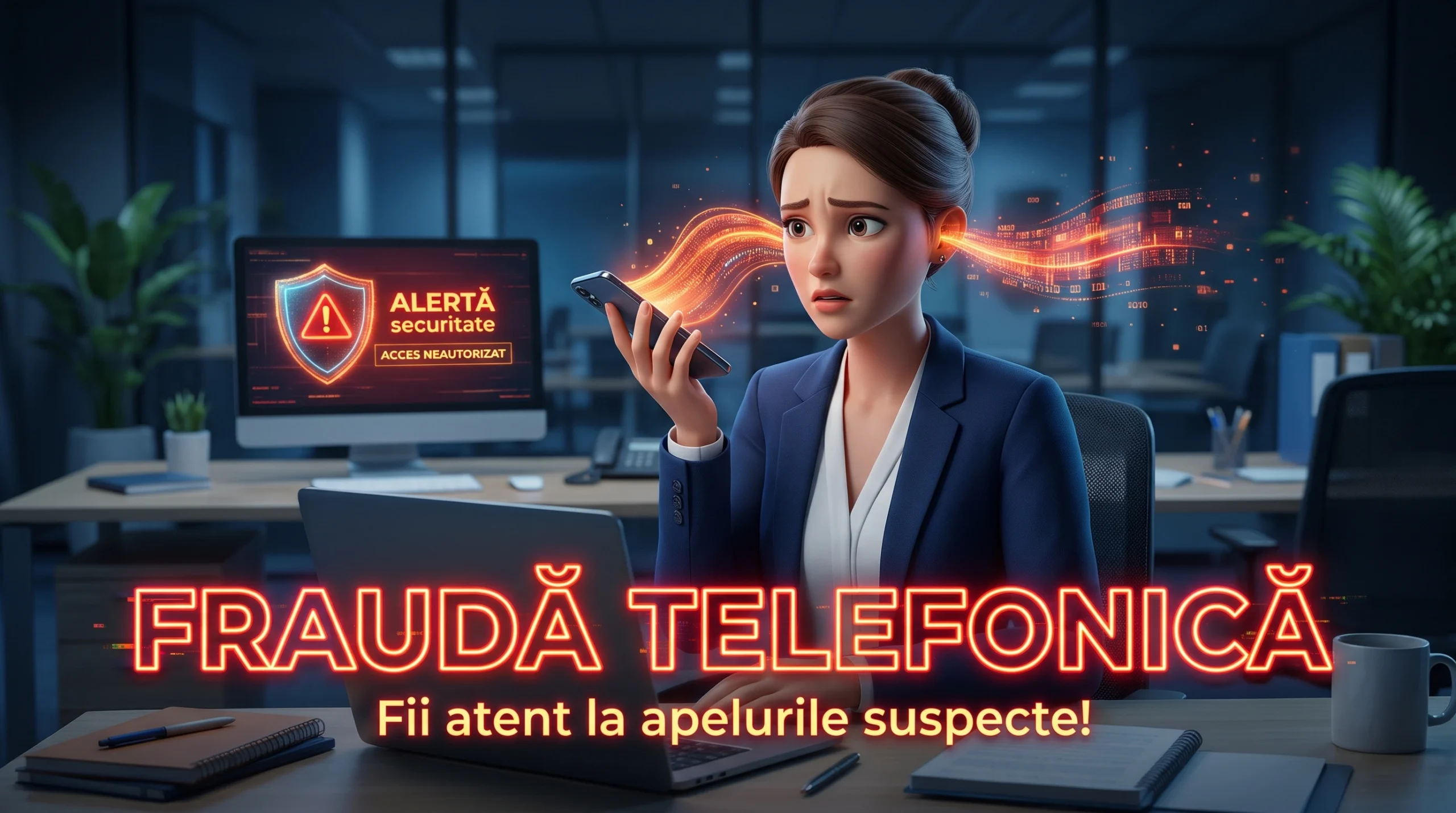 Ilustratie digitala a unei angajate intr-un birou modern, vizata de o frauda telefonica, pe fundalul unui monitor cu scut de securitate.