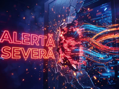 Ilustratie dramatica 3D a unei bariere digitale sparte de un atac cibernetic in curs de desfasurare pe un server vulnerabil.