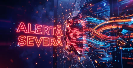 Ilustratie dramatica 3D a unei bariere digitale sparte de un atac cibernetic in curs de desfasurare pe un server vulnerabil.