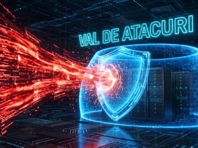 Ilustratie digitala a unui val urias de atacuri cibernetice blocat de un scut de securitate in fata unor servere corporative.