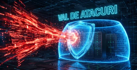 Ilustratie digitala a unui val urias de atacuri cibernetice blocat de un scut de securitate in fata unor servere corporative.