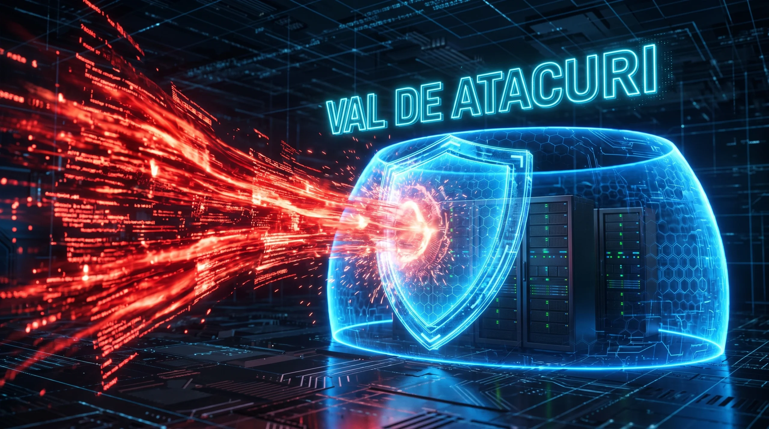 Ilustratie digitala a unui val urias de atacuri cibernetice blocat de un scut de securitate in fata unor servere corporative.