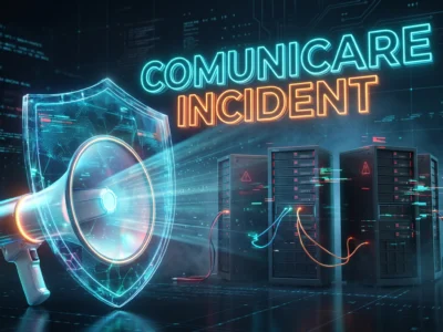 Ilustratie digitala reprezentand transparenta si comunicarea oficiala de criza in timpul unui incident cibernetic care a afectat serverele companiei.