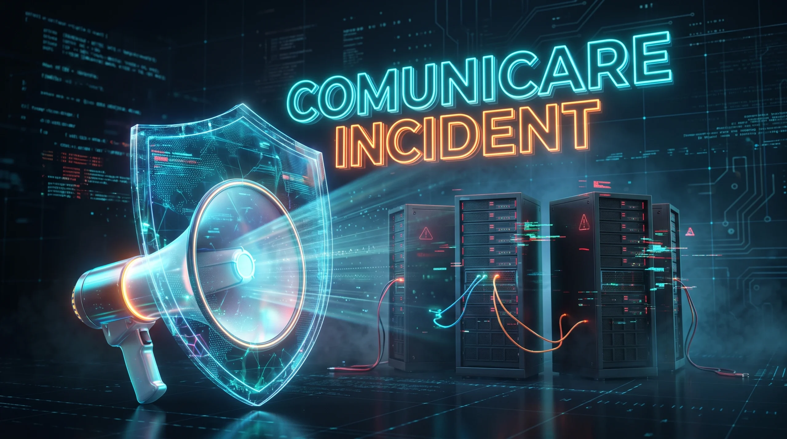 Ilustratie digitala reprezentand transparenta si comunicarea oficiala de criza in timpul unui incident cibernetic care a afectat serverele companiei.