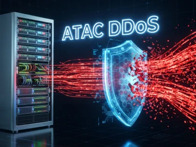 Ilustratie digitala a unui atac DDoS blocat de un scut de securitate pentru a mentine site-ul activ.