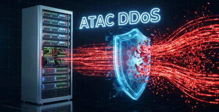 Ilustratie digitala a unui atac DDoS blocat de un scut de securitate pentru a mentine site-ul activ.