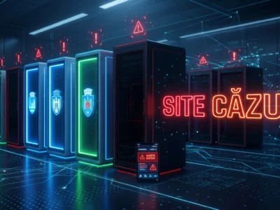 Ilustratie digitala cu un grup de servere care simbolizeaza institutii publice offline si un panou de alerta care arata lipsa monitorizarii IT.