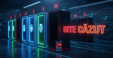 Ilustratie digitala cu un grup de servere care simbolizeaza institutii publice offline si un panou de alerta care arata lipsa monitorizarii IT.